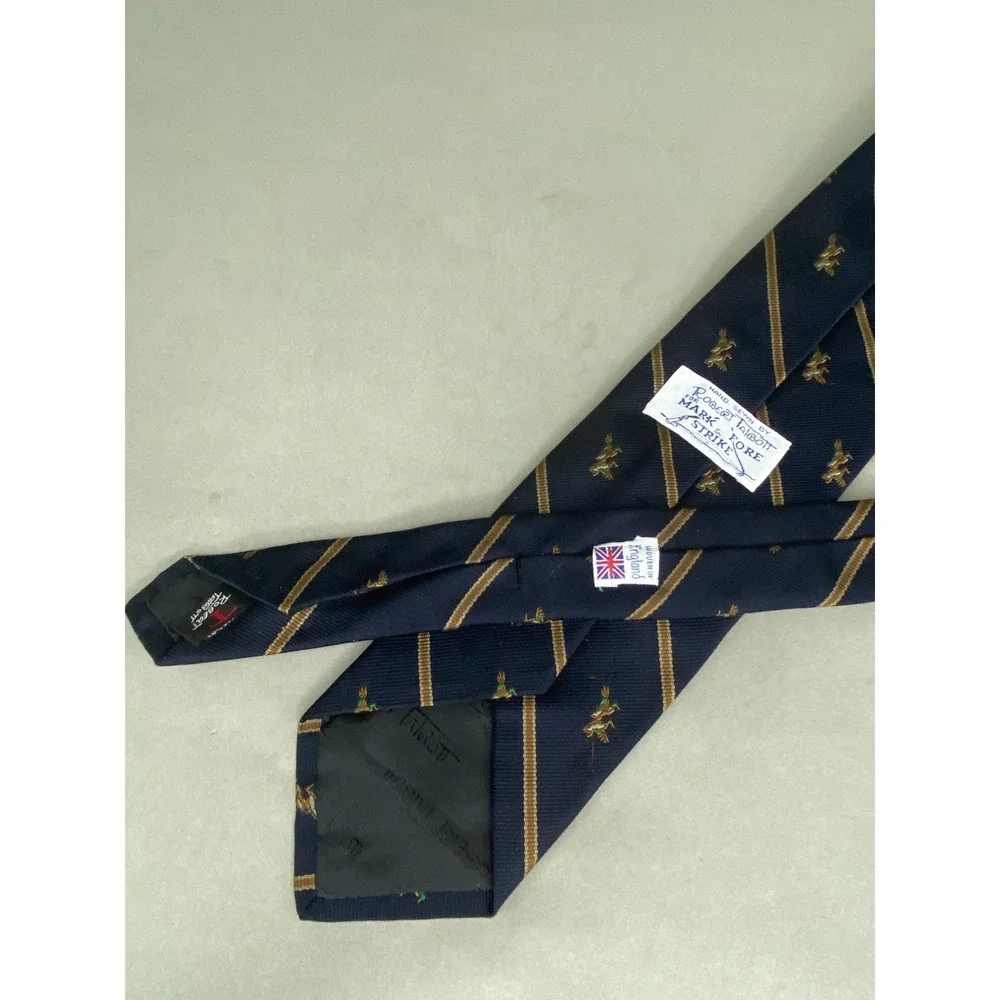 Robert Talbott‎ Mens Tie Navy Gold Silk Mallard Duck Stripe England 56x4